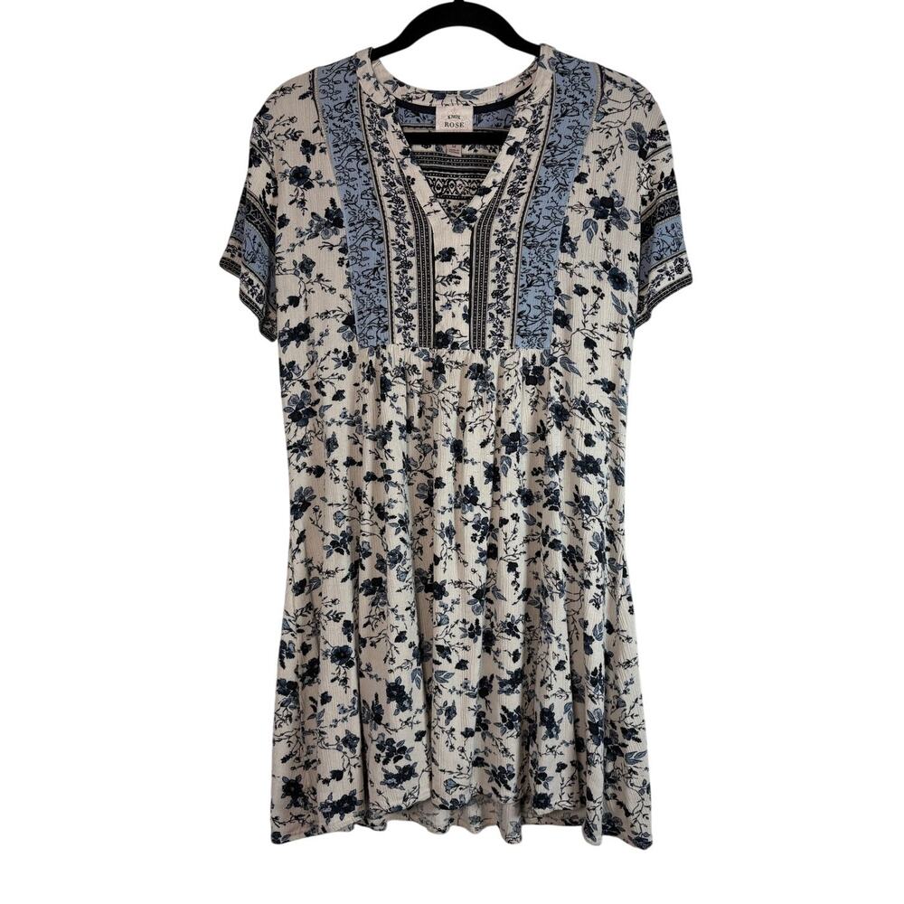 Knox Rose Blue White Floral V Neck Flowy Boho Chiffon Trapeze Sun Mini Dress M